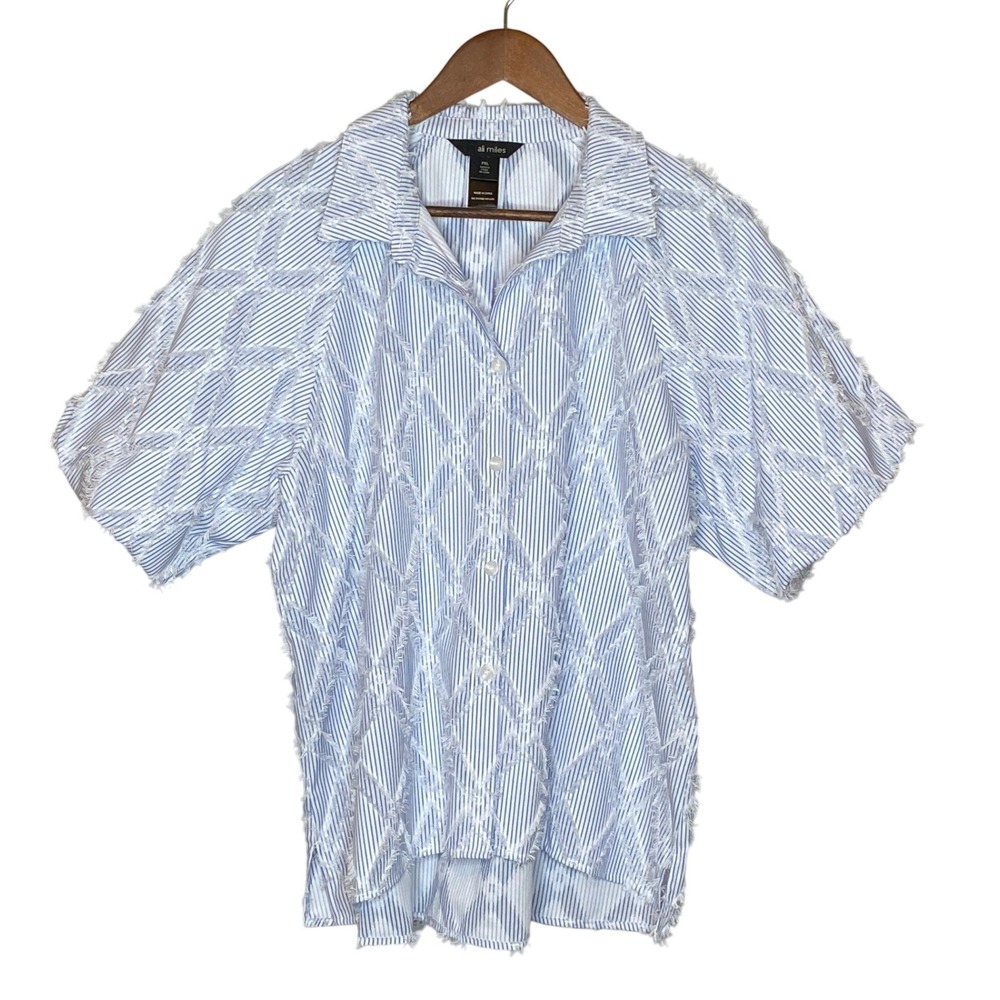 Ali Miles Womens Textured Stripe Button Front Shirt XLP Coastal Artsy Boho NWT